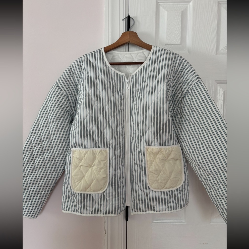 Striped Gray and Cream Quilted Women's Puffer Jacket